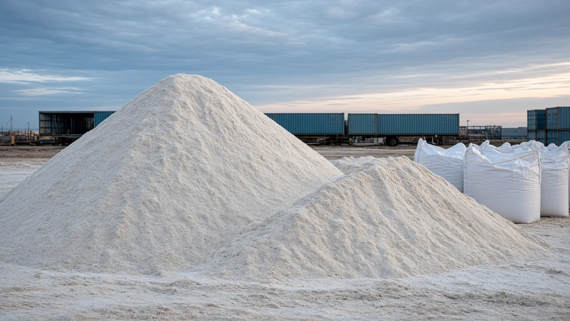 White mineral stockpiles and jumbo bags in a yard, with containers beyond